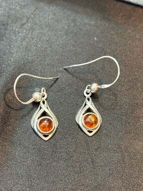Vintage Sterling Silver Genuine Amber Drop Earrings Vintage